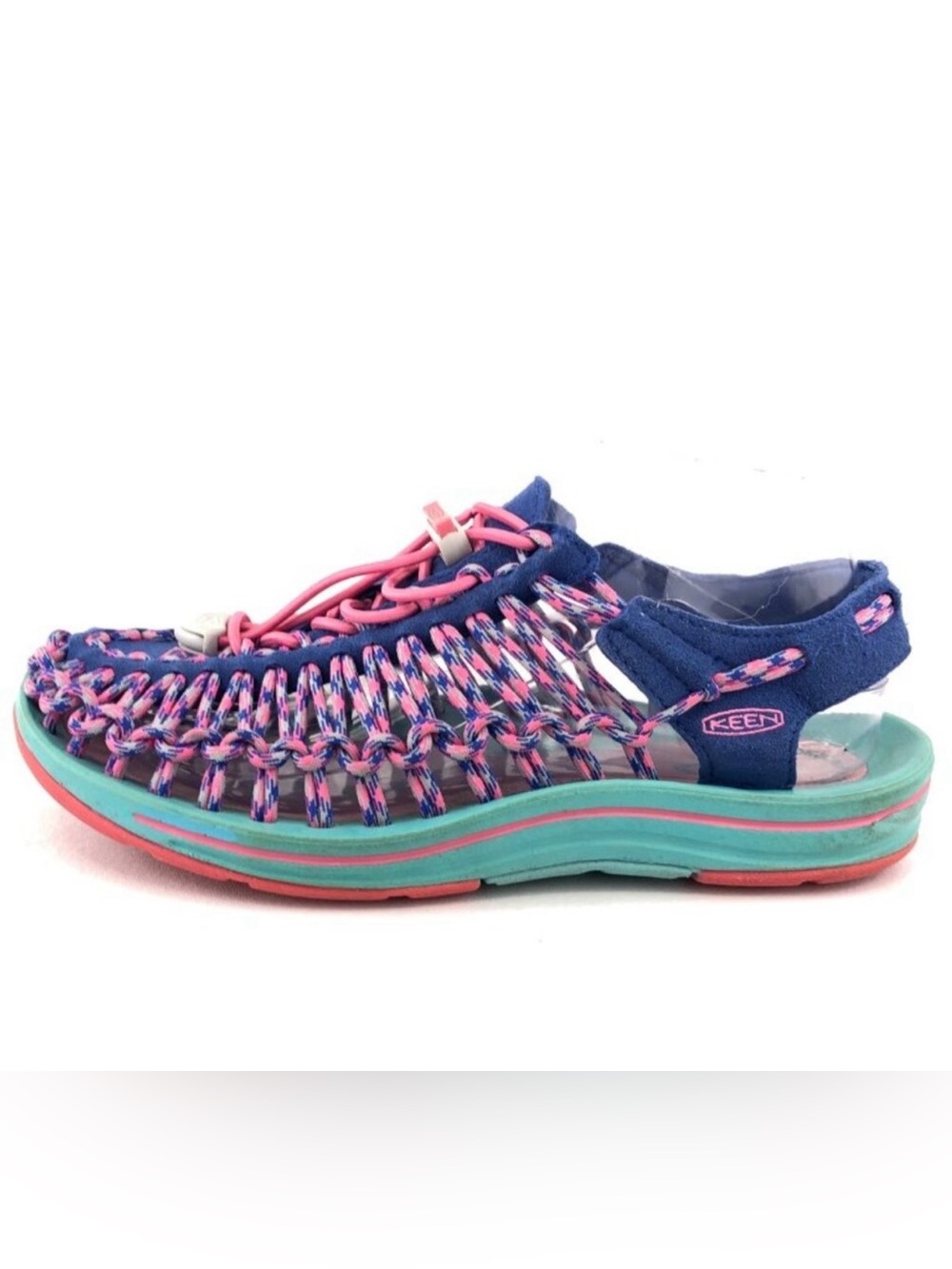 KEEN Uneek Multi-Cord Interlocked Walking Hiking Sandals Blue Pink Sz 7.5